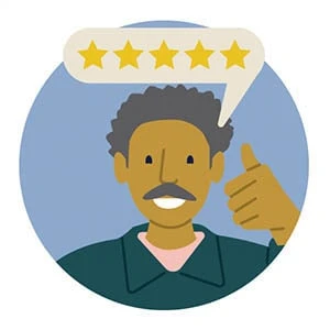 An illustration of a man with a speech bubble with five stars.